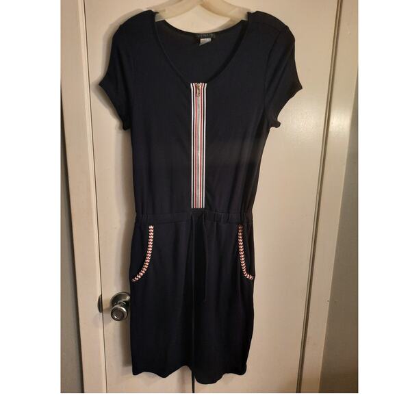 Venus Navy Blue Striped Hem Dress Sz Small Contrast Hem Zipper Fun Cute Sporty - Picture 10 of 13